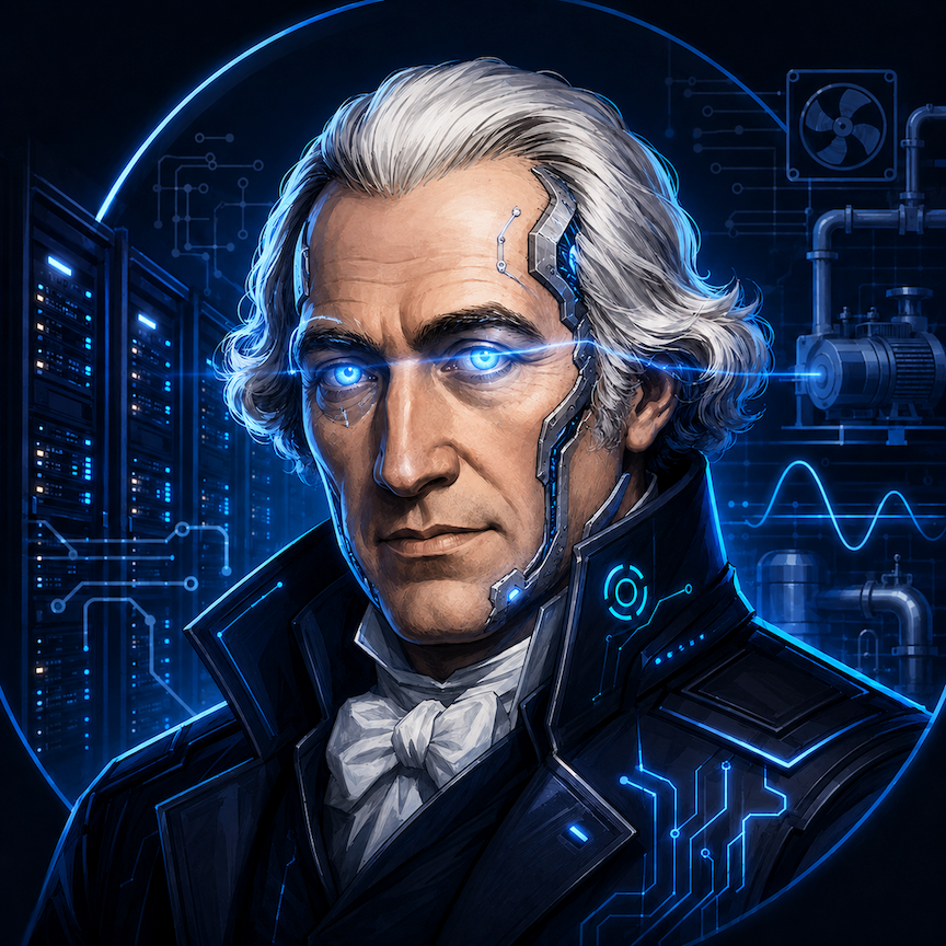 Portrait of Wattson, a silver-haired gentleman with glowing blue circuitry, standing before racks and cooling equipment